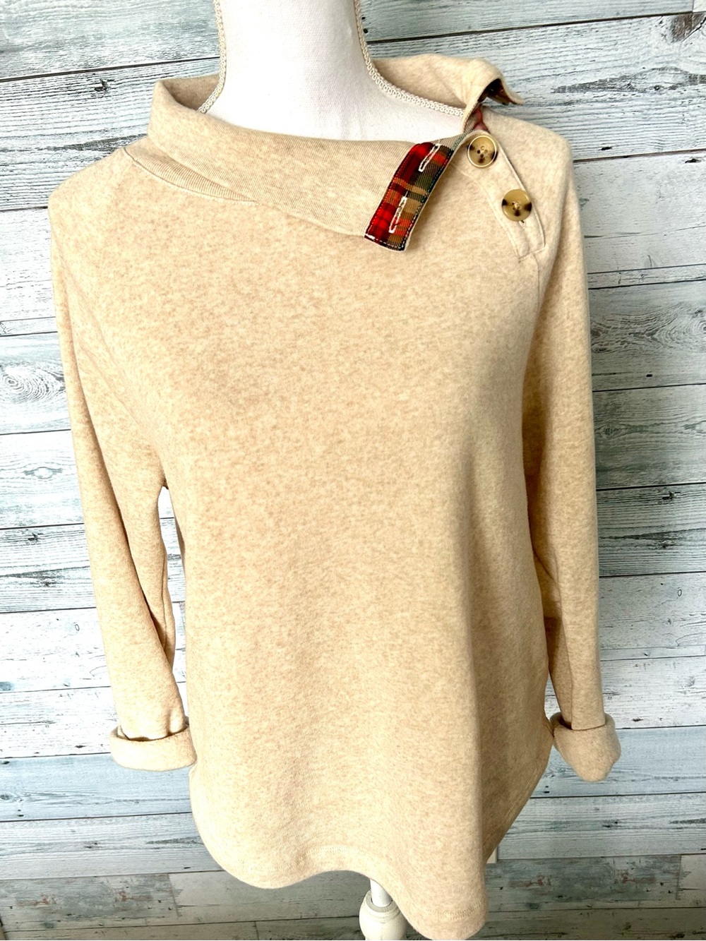 J. Crew Cream Cowl Neck Sweater with Plaid Button Tab